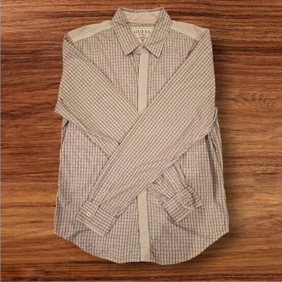 Guess Other - Guess Beige & Red Plaid Mens Button-Up Shirt Medium 100% Cotton Long Sleeve Clas